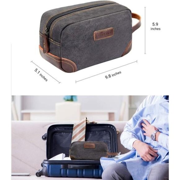 Travel Toiletry Bag for Men, Leather and Canvas Toiletry Bags, Dopp Kit for Men - Picture 5 of 7